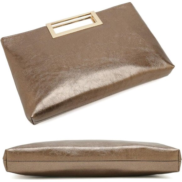 Women\'s Brown Vegan Leather Metal Handle Chain Strap Fashion Stylish Clutch